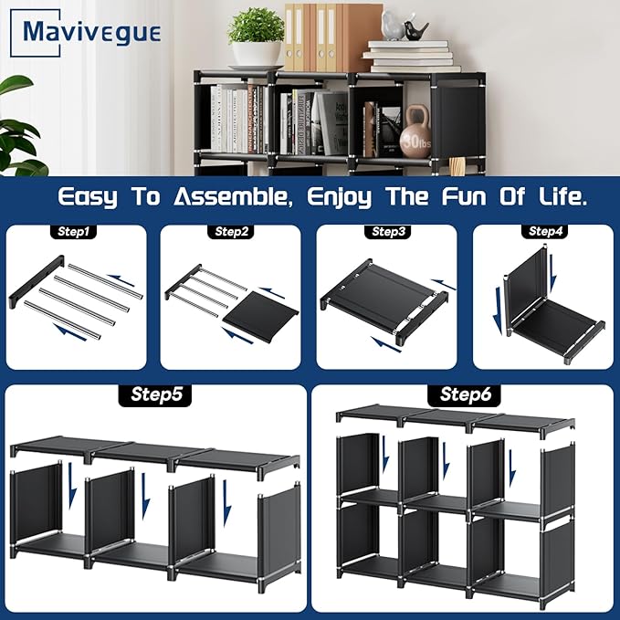 Mavivegue Book Shelf, 6 Cube Storage Organizer, DIY Bookcase, Metal Cube Bookshelf,Tall Book case for Bedroom, Living Room,Office,Closet Storage Organizer, Black Cubicle Storage Rack - LeafyLoom