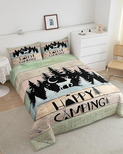 Kids Happy Camping Comforter Set King,Cute Deer Camper Bedding Set Rustic Farmhouse Woodland Animal Comforter for Boys Girls Old Barn Door Quilted Duvet Star Moon Pine Tree Decor 3 Pcs Black Green - LeafyLoom