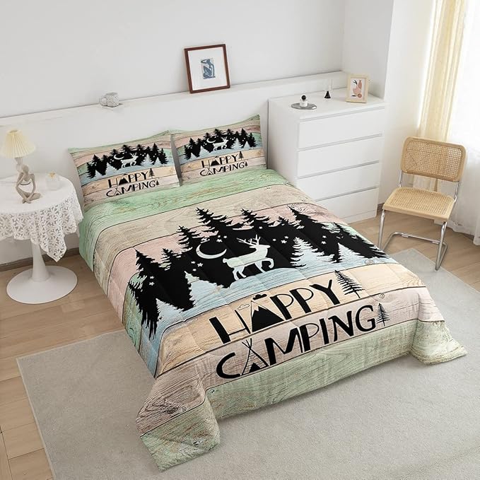 Kids Happy Camping Comforter Set Twin,Cute Deer Camper Bedding Set Rustic Farmhouse Woodland Animal Comforter For Boys Girls Old Barn Door Quilted Duvet Star Moon Pine Tree Decor 2 Pcs Black Green - LeafyLoom