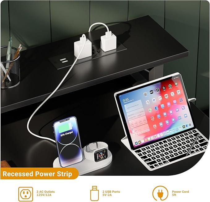 55 inch Computer Desk with Power Outlets, Office Desk Gaming desk with LED Lights, Home Office Desk with Monitor Shelf, Modern Work Desk Study Writing Table for Bedroom, Black - LeafyLoom