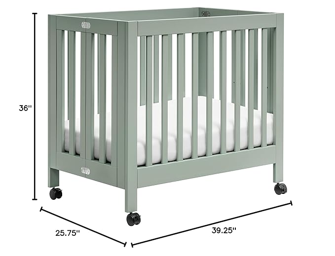 Babyletto Origami Mini Portable Crib Folding with Wheels in Light Sage, 2 Adjustable Mattress Positions, Greenguard Gold Certified - LeafyLoom