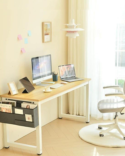 Computer Desk - 63 Inch Large Home Office Desk Wood Study Writing Table Workstation Storage Bag Headphone Hooks Simple Gaming Desk Rustic White/Walnut - LeafyLoom