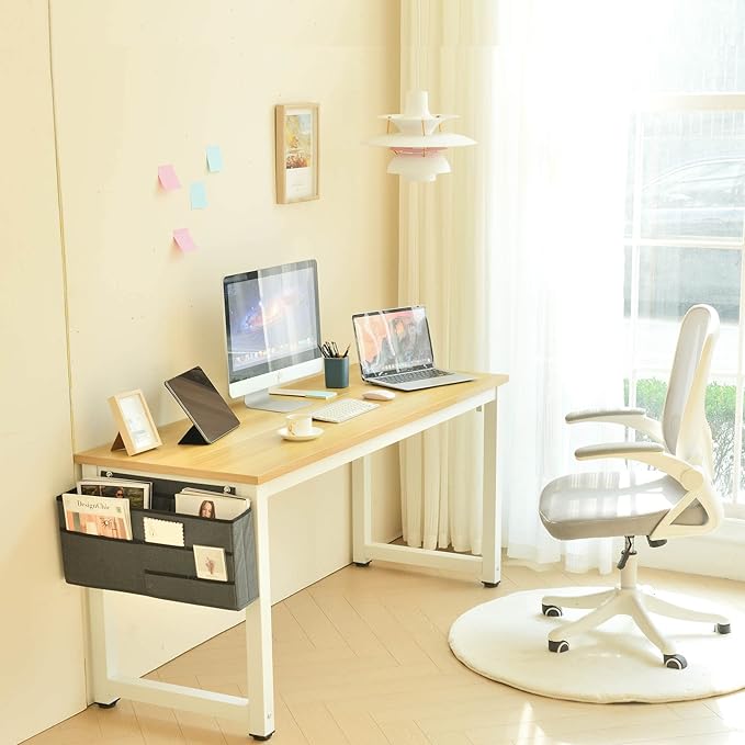 Computer Desk - 63 Inch Large Home Office Desk Wood Study Writing Table Workstation Storage Bag Headphone Hooks Simple Gaming Desk Rustic White/Walnut - LeafyLoom