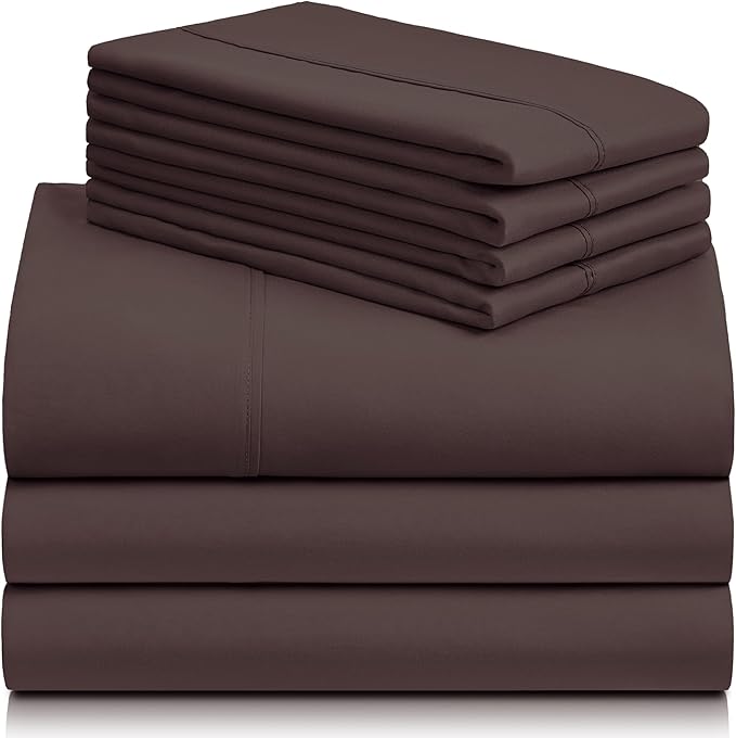 LuxClub 7 PC Split King Sheet Set, Breathable Luxury Bed Sheets, Deep Pockets 18" Eco Friendly Wrinkle Free Cooling Sheets Machine Washable Hotel Bedding Silky Soft - Brown Split King - LeafyLoom