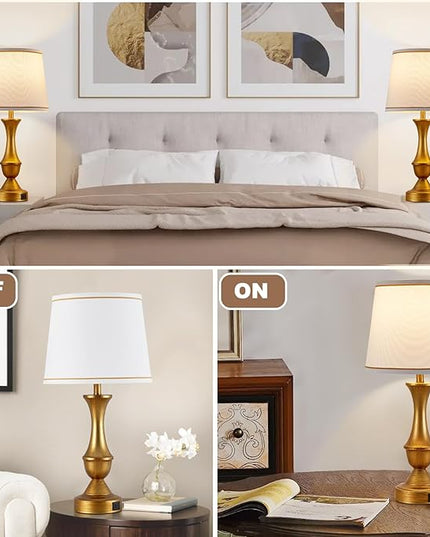Table Lamps for Bedrooms Set of 2, Gold Bedside Lamps with USB C+A Ports, 3 Way Dimmable Nightstand Lamps with Fabric Lampshade, Touch Table Lamp for Living Room Bedroom Office, Bulbs Included - LeafyLoom