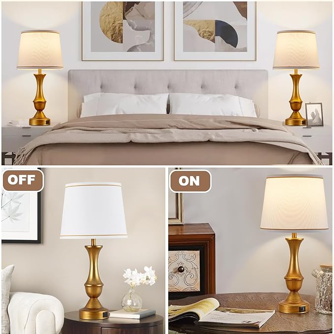 Table Lamps for Bedrooms Set of 2, Gold Bedside Lamps with USB C+A Ports, 3 Way Dimmable Nightstand Lamps with Fabric Lampshade, Touch Table Lamp for Living Room Bedroom Office, Bulbs Included - LeafyLoom