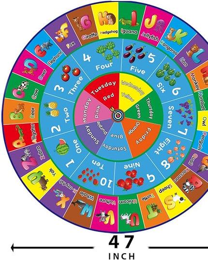 ABC Rug, ABC Play Mat for Kids Playroom, Round Alphabet Floor Mat,Classroom Elementary Preschool Rugs wtih ABC, Numbers, Animals - 47inch - LeafyLoom