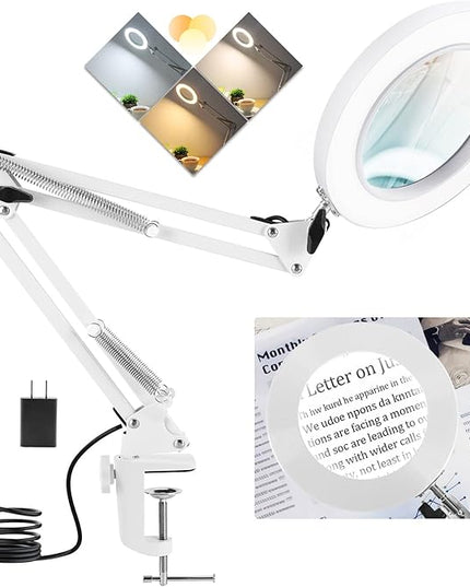 10X Magnifying Glass with Light, Krstlv Real Glass Lens Desk Lamp & Clamp, 3 Color Modes Stepless Dimmable, Hands Free LED Lighted Magnifier with Light and Stand for Reading Crafts Close Works - White - LeafyLoom