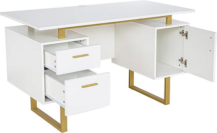 Techni Mobili Storage Drawers and Cabinet 51.25” W-Modern Office Large Floating Desktop Surface Desk, 23.6" D x 51.2" W x 29.8" H, White/Gold - LeafyLoom