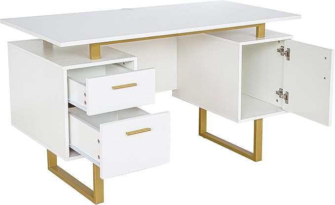 Techni Mobili Storage Drawers and Cabinet 51.25” W-Modern Office Large Floating Desktop Surface Desk, 23.6" D x 51.2" W x 29.8" H, White/Gold - LeafyLoom