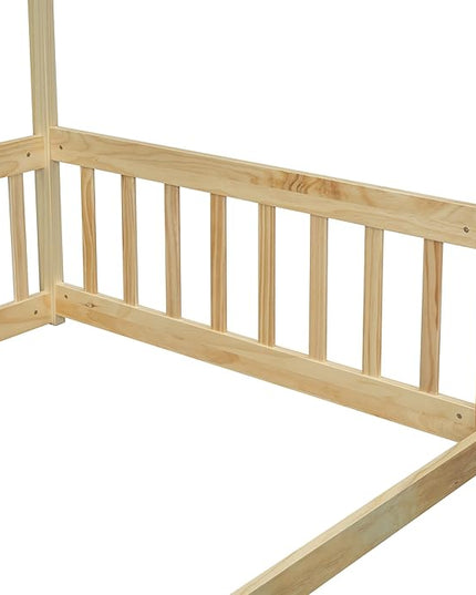 Twin Size Canopy Bed Frame with Guardrails for Kids,Floor Bed Twin with Four Poster Design,Kids Montessori Floor Bed,Wood Canopy Bed Frame for Girls,Boys(Twin,Natural) - LeafyLoom
