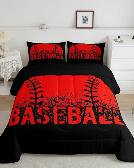 Baseball Comforter Set Queen Size Kids Red Black Sports Quilt Bedding Set For Boys Girls,Reversible Black Bedding Comforter Sets Soft Lightweight For All Season,1 Comforter And 2 Pillow Cases - LeafyLoom
