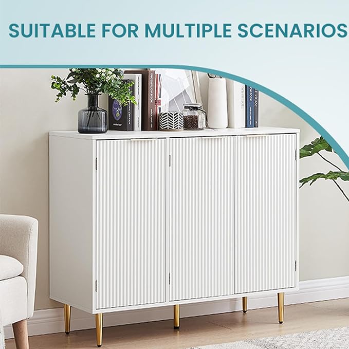 Storage Cabinet, Modern Accent Buffet Cabinet, FreeStanding Sideboard and Buffet Storage Adjustable Shelves with 3 Doors for Bedroom, Living Room, Kitchen or Hallway,White - LeafyLoom