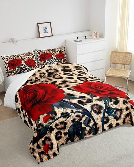 Rose Flower Comforter Set for Teens Adult Women Wedding Gift, Leopard Print Bedding Set Full Size, Valentine's Day Cheetah Duvet Sets Leopard Animal Skin Down Comforter for Bedroom Decor, Brown - LeafyLoom