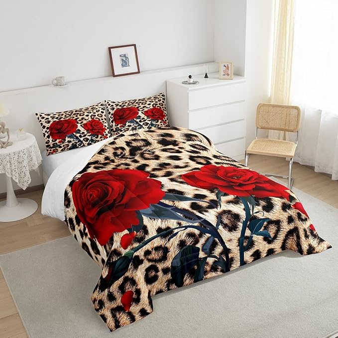 Rose Flower Comforter Set for Teens Adult Women Wedding Gift, Leopard Print Bedding Set Full Size, Valentine's Day Cheetah Duvet Sets Leopard Animal Skin Down Comforter for Bedroom Decor, Brown - LeafyLoom