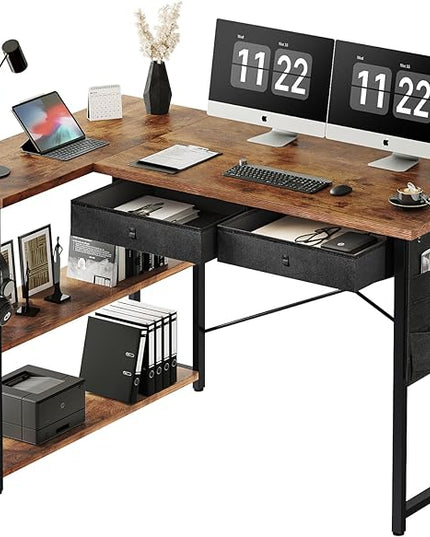 Ｍａｉｈａｉｌ Home Office Desk with Drawers and Shelves, 47” Computer Corner Desk for Small Space, Small L Shaped Desk with Side Storage for Bedroom, Rustic Brown - LeafyLoom