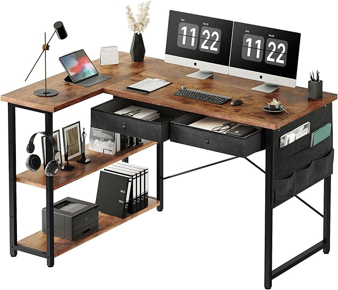 Ｍａｉｈａｉｌ Home Office Desk with Drawers and Shelves, 47” Computer Corner Desk for Small Space, Small L Shaped Desk with Side Storage for Bedroom, Rustic Brown - LeafyLoom