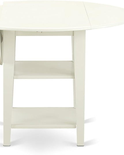 East West Furniture SUDA3-LWH-W 3 Piece Dining Room Table Set Contains a Round Dining Table with Dropleaf & Shelves and 2 Wood Seat Chairs, 42x42 Inch, Linen White - LeafyLoom