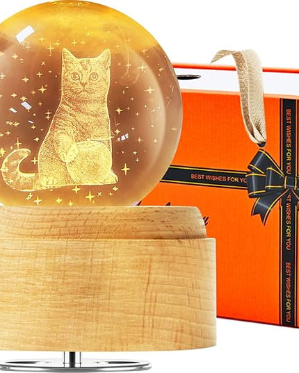 Best for Mom Women Wife Girlfriend Grandma, 3D Cat No.3 Crystal Ball Music Box with LED Night Lamp, Unique Mom Gifts for Birthday Graduation Christmas Valentine's Day Anniversary - LeafyLoom
