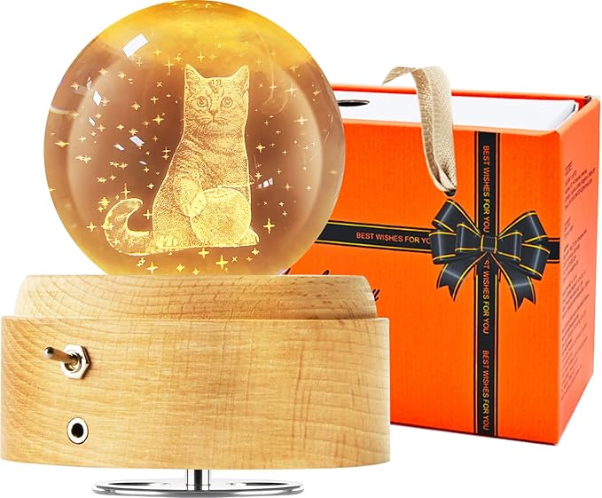 Best for Mom Women Wife Girlfriend Grandma, 3D Cat No.3 Crystal Ball Music Box with LED Night Lamp, Unique Mom Gifts for Birthday Graduation Christmas Valentine's Day Anniversary - LeafyLoom
