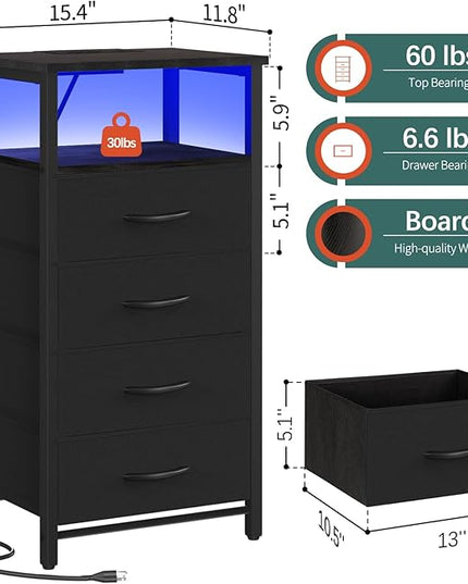 Yoobure Night Stand - LED Black Nightstand with Charging Station, Bedside Table with 4 Storage Drawers and Storage Shelf, End Table with USB Ports and Outlets, Fabric Tall Dresser for Bedroom - LeafyLoom