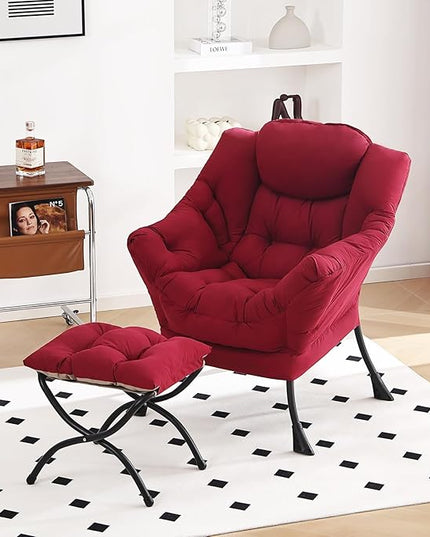 Lazy Chair and Ottoman, Large Accent Lounge Chair with Armrests and a Side Pocket, Modern Leisure Upholstered Sofa Reading Armchair with Footrest for Bedroom, Living Room, Dorm Rooms, Office - LeafyLoom