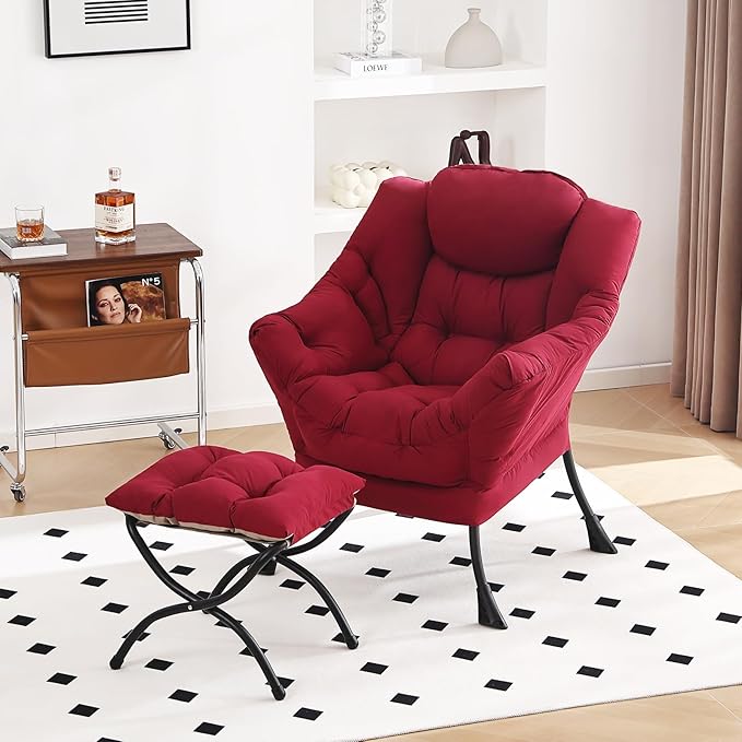 Lazy Chair and Ottoman, Large Accent Lounge Chair with Armrests and a Side Pocket, Modern Leisure Upholstered Sofa Reading Armchair with Footrest for Bedroom, Living Room, Dorm Rooms, Office - LeafyLoom