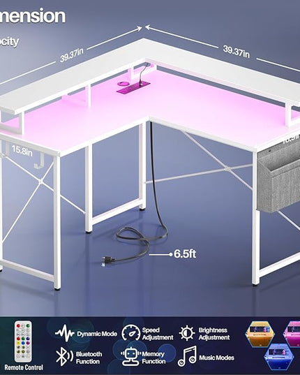 armocity L Shaped Computer Desk with Power Outlets, 40 Inch Small Gaming Desk L Shaped with LED Lights, Corner L Desk with Storage Shelves for Bedroom, Small Spaces, White - LeafyLoom