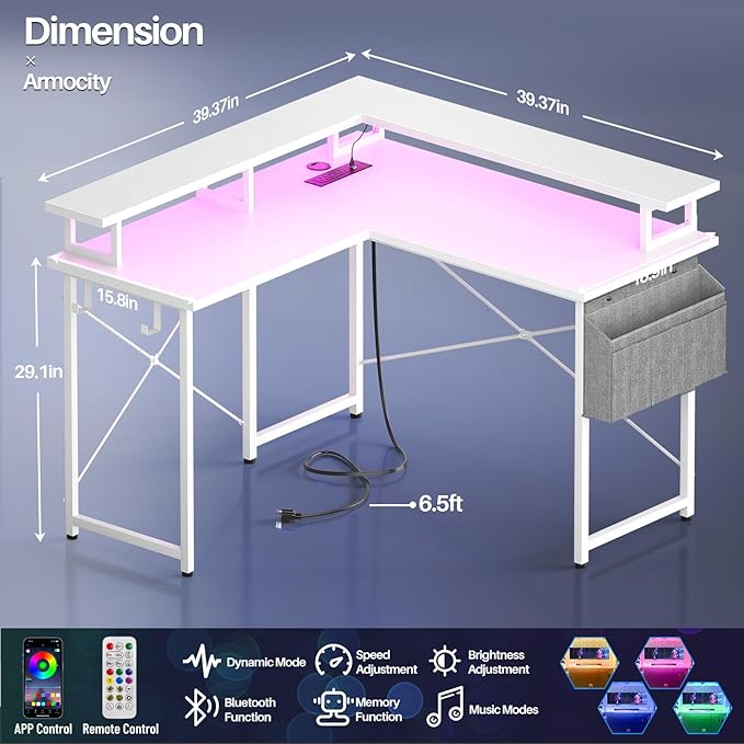 armocity L Shaped Computer Desk with Power Outlets, 40 Inch Small Gaming Desk L Shaped with LED Lights, Corner L Desk with Storage Shelves for Bedroom, Small Spaces, White - LeafyLoom