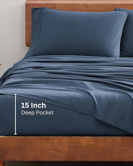 LANE LINEN 100% Organic Cotton California King Sheets Set, 4-Piece Pure Organic Cotton Long Staple Percale Weave Soft Best Bedding Sheets for Bed, Breathable, Fits Mattress Upto 15" Deep - Navy - LeafyLoom