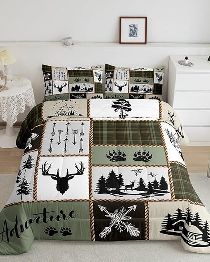 Rustic Farmhouse Kids Comforter Set Queen Size,Deer Antlers Bear Paws Plaids Patchwork Bedding Set for Boys Girls Adults Room Decor,Pine Trees Arrows Down Comforter,Retro Duvet Insert,2 Pillowcases - LeafyLoom