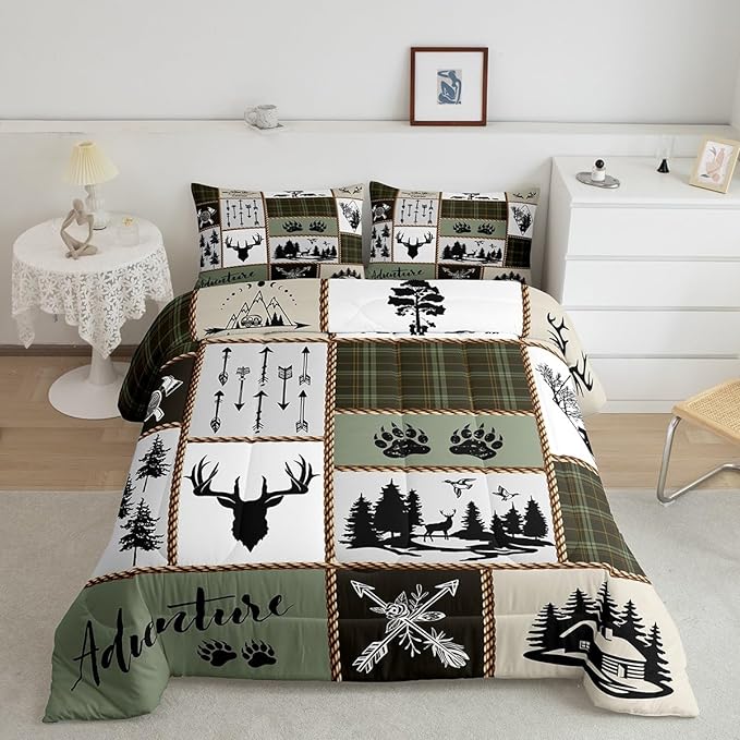 Rustic Farmhouse Kids Comforter Set Twin Size,Deer Antlers Bear Paws Plaids Patchwork Bedding Set for Boys Girls Adults Room Decor,Pine Trees Arrows Down Comforter,Retro Duvet Insert,1 Pillowcase - LeafyLoom