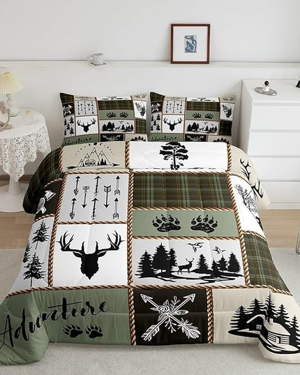 Rustic Farmhouse Kids Comforter Set Full Size,Deer Antlers Bear Paws Plaids Patchwork Bedding Set for Boys Girls Adults Room Decor,Pine Trees Arrows Down Comforter,Retro Duvet Insert,2 Pillowcases - LeafyLoom