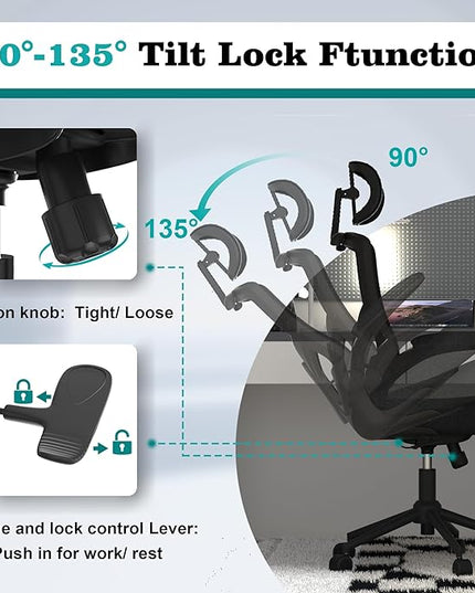 Ergonomic Office Chair, High Back Mesh Desk Chair with Thick Molded Foam Cushion, Coat Hanger, Adjustable Headrest, Lumbar Support, Tilt & Lock Function - Task Chair (All Black) - LeafyLoom