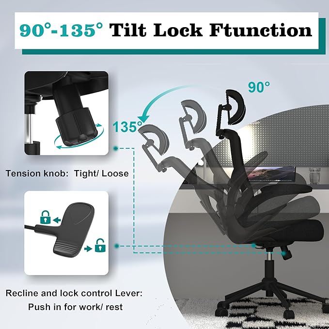 Ergonomic Office Chair, High Back Mesh Desk Chair with Thick Molded Foam Cushion, Coat Hanger, Adjustable Headrest, Lumbar Support, Tilt & Lock Function - Task Chair (All Black) - LeafyLoom