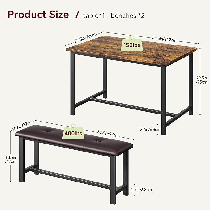 Kitchen Table with Benches, Dining Table Set for 4, Rectangular Dining Room Table Set with 2 Upholstered Benches, 3 Piece Kitchen Table Set for Small Space, Apartment, Studio, Retro Brown - LeafyLoom