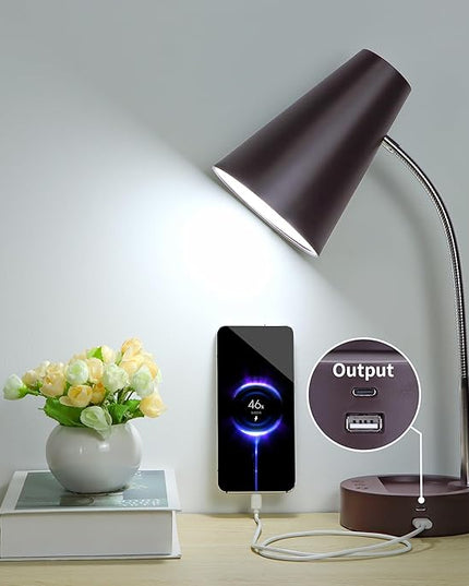 RUNTOP Metal Desk Lamp, Desk Lamps for Home Office College Dorm Room Eye-Caring Reading, Gooseneck Desk Lamp with USB Port, 5 Brightness Levels, 5 Color Temperature, Flexible Study Desk Light,Brown - LeafyLoom