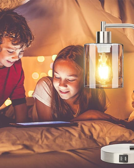 Industrial Touch Control Table Lamps Set of 2 - Brushed Nickel Nightstand Bedside Lamps with 2 USB Ports & AC Outlet, 3-Way Dimmable Desk Lamp for Bedroom Living Room, Glass Shade & LED Bulbs Included - LeafyLoom
