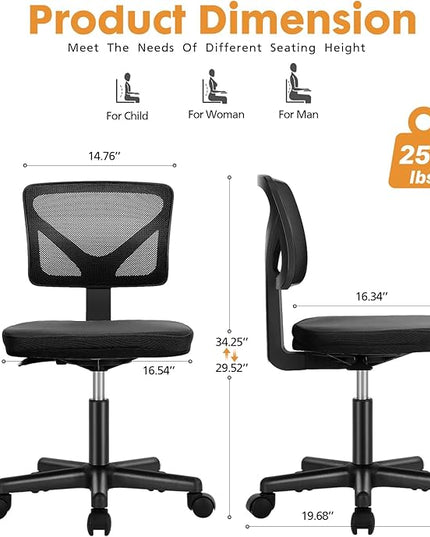 Sweetcrispy Armless Desk Chair - Small Home Office Chair with Wheels, Mesh Low Back Task Chair with Lumbar Support and Wheels, Adjustable Height 360° Rolling Swivel Computer Chair without Arm, Black - LeafyLoom