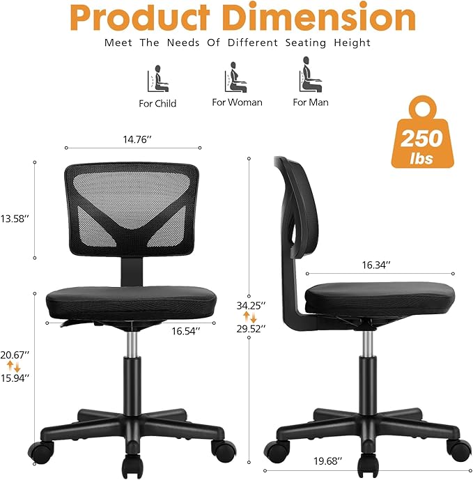 Sweetcrispy Armless Desk Chair - Small Home Office Chair with Wheels, Mesh Low Back Task Chair with Lumbar Support and Wheels, Adjustable Height 360° Rolling Swivel Computer Chair without Arm, Black - LeafyLoom