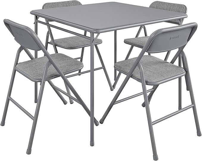 COSCO Premium 5-Piece Dining Set, with 34" Vinyl Top Card Table and 4 Fabric Padded Seat & Back Folding Chairs, Gray - LeafyLoom