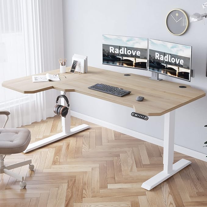 Radlove 59-Inch Large Electric Height Adjustable Computer L-Shaped Desk with Memory Controller Corner Standing Desk Modern Workstation with Splice Board Ergonomic Desk (White Frame + Oak Top) - LeafyLoom
