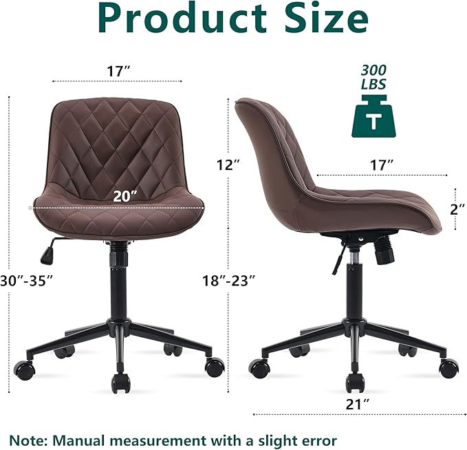 YOUNUOKE Office Chair Desk Chair with Wheels, Thick Upholstery Armless Computer Chair Task Chairs, Small Cute Home Office Desk Chair, Faux Leather Swivel Side Chair, Loads Up to 300LBS, Brown - LeafyLoom