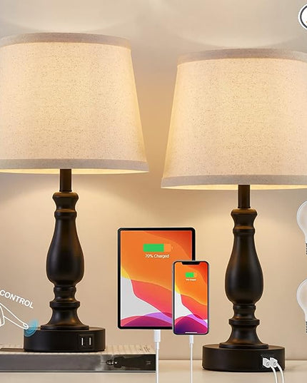 Lamps for Bedrooms Set of 2, Touch Bedside Table Lamps with USB Ports, 3 Way Dimmable Nightstand Lamps with Round Fabric Linen Lampshade for Living Room Reading Bed Side End Table, Bulbs Included - LeafyLoom