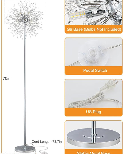 Modern Crystal Floor Lamp (6-Light, 70-Inch, Chrome), Standing Lamp with Footswitch, LED Floor Lamp for Living Room, Girls Room, Bedroom, Dresser, Office (Bulbs NOT Included) - LeafyLoom