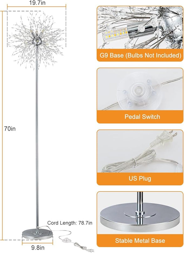 Modern Crystal Floor Lamp (6-Light, 70-Inch, Chrome), Standing Lamp with Footswitch, LED Floor Lamp for Living Room, Girls Room, Bedroom, Dresser, Office (Bulbs NOT Included) - LeafyLoom