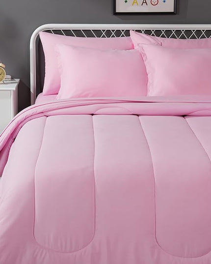 Amazon Basics 7 Piece Microfiber Kid's Bed-in-a-Bag Bedding Set, Full/Queen, Pink, Solid - LeafyLoom