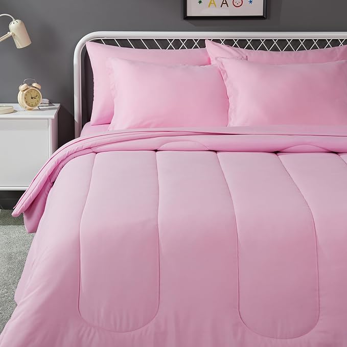 Amazon Basics 7 Piece Microfiber Kid's Bed-in-a-Bag Bedding Set, Full/Queen, Pink, Solid - LeafyLoom