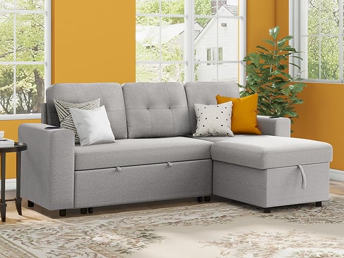 IULULU L Shaped Sectional Sofa, 82 Inch Convertible Sleeper with Pullout Bed, Storage Chaise, Cupholders, 2 in 1 Pull Out Couch for Living Room, Apartment, Silver Grey - LeafyLoom