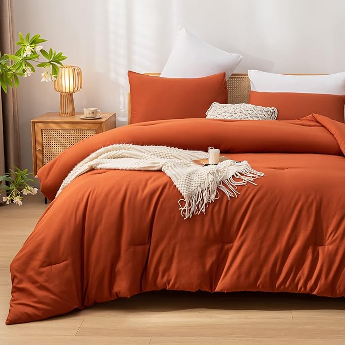 Terracotta Queen Comforter Solid Color 3PCS Boho Bed Comforter Set Queen Size Soft Lightweight Down Alternative Microfiber Comforter for All Season (1 Comforter, 2 Pillowcases) - LeafyLoom
